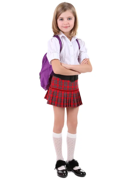 Beautiful little girl with backpack isolated on white — Stock Photo, Image