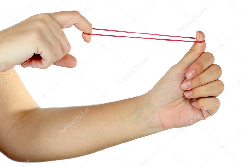 Elastic band on hands, isolated on white Stock Photo by ©belchonock