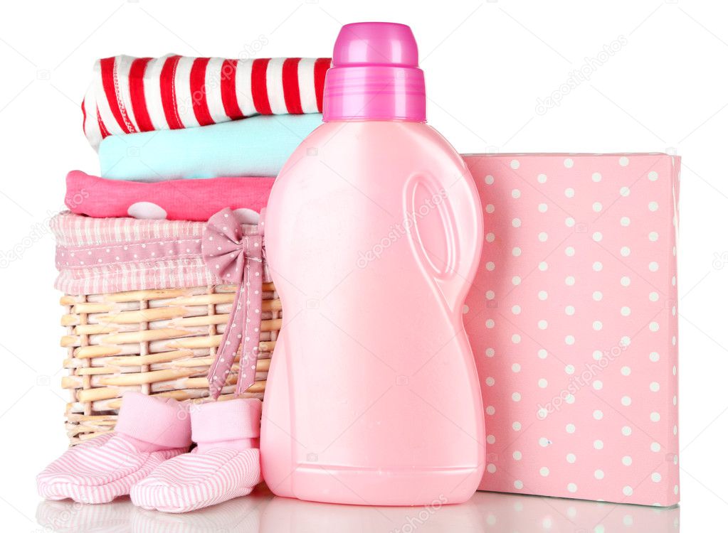 Softener dryer and washing powder with children clothes isolated on white
