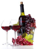 pohárky s červeným vínem, hroznů a láhev izolovaných na bílém