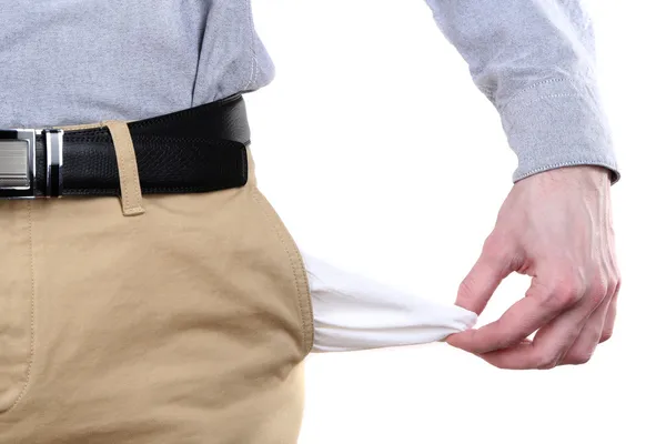 Hombre mostrando sus bolsillos vacíos aislados en blanco —  Fotos de Stock