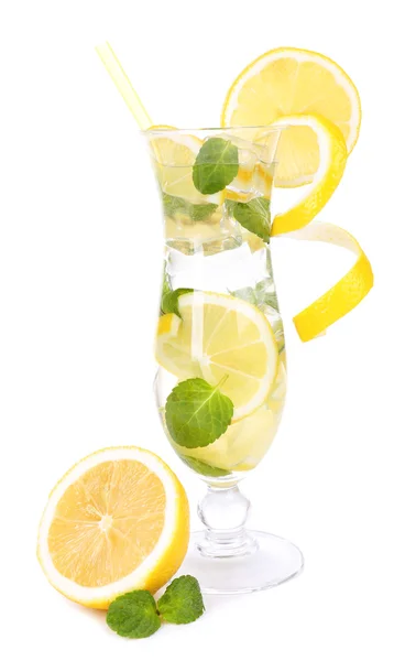 Glass of cocktail with lemon and mint isolated on white — Stock Photo, Image