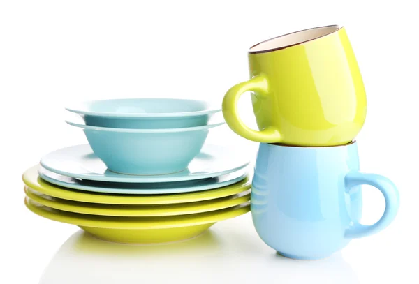 Clean colorful tableware isolated on white — Zdjęcie stockowe