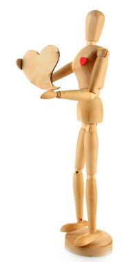 beyaz izole kalp tutan ahşap vitrin mankeni