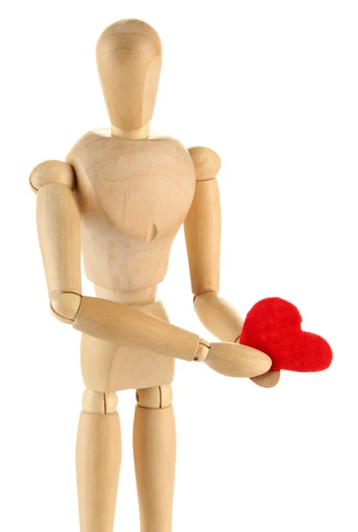 Wooden mannequin holding red heart isolated on white — Stock Photo, Image