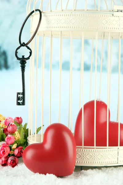 Hearts in decorative cage on winter background — Stock Photo, Image