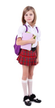 güzel küçük bir kız ile üzerine beyaz izole kitap tutan sırt çantası