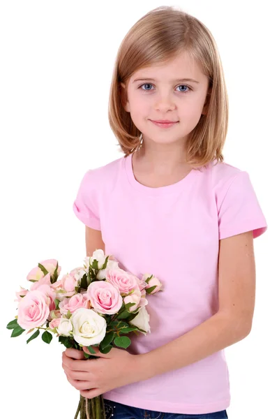 Beautiful little girl holding bouquet isolated on white — Stock Photo, Image