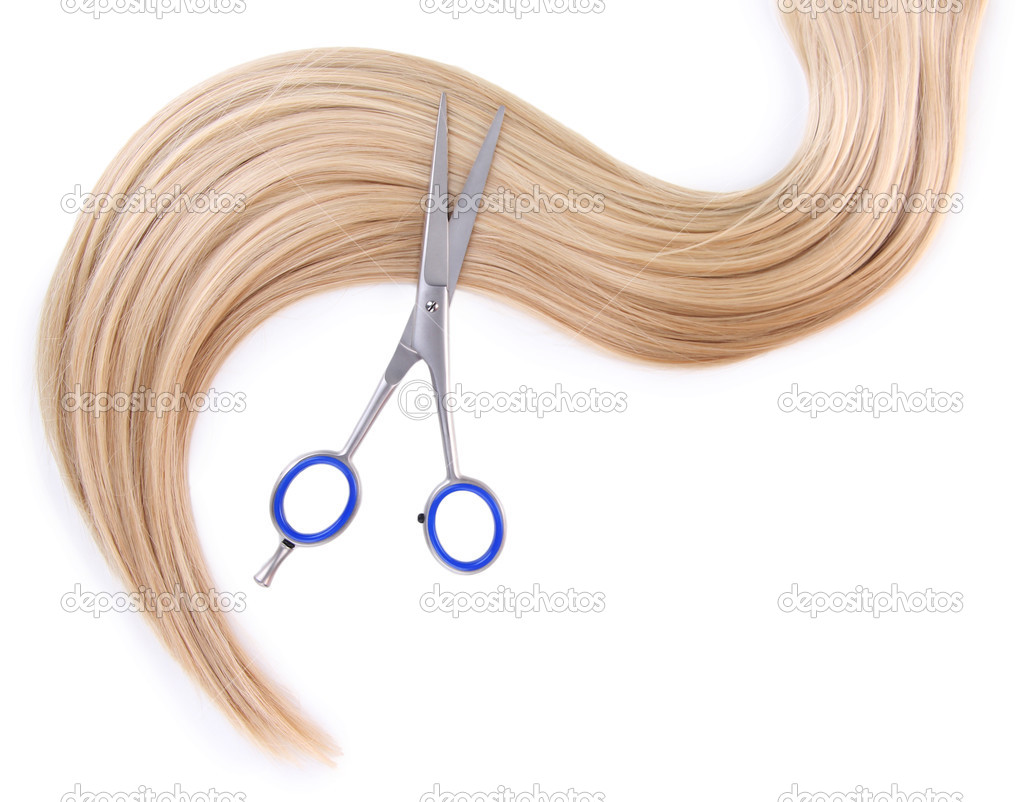 Long blond hair and scissors isolated on white