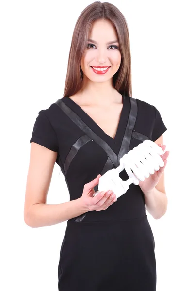 Красива молода жінка тримає лампу ізольовано на білому — стокове фото