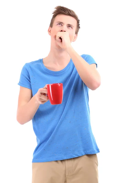 Portrait de beau jeune homme avec tasse, isolé sur blanc — Photo