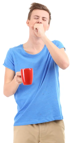 Portrait of handsome young man with cup, isolated on white — Stock Photo, Image