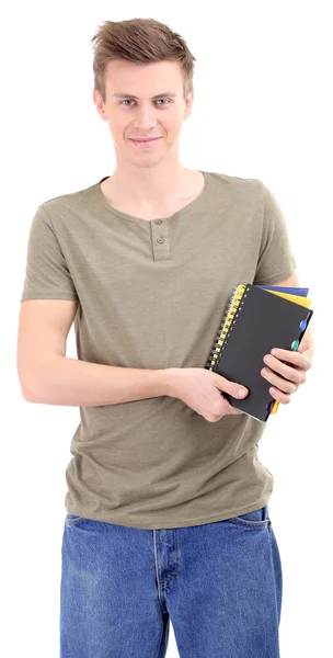 Joven guapo con cuadernos, aislado en blanco — Foto de Stock