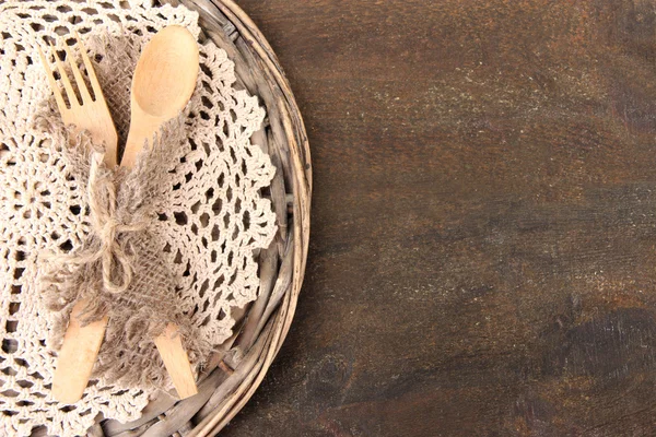 Spoon and fork on wooden table — Stock Photo, Image