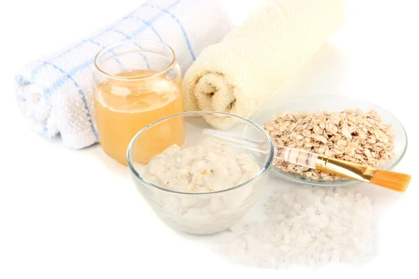 Homemade facial mask with oats and honey, isolated on white — Stock Photo, Image