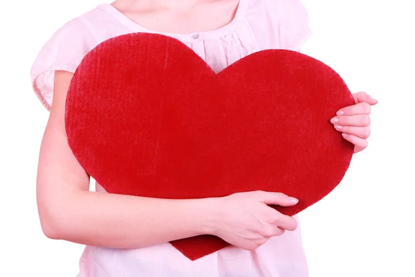 Mujer sosteniendo gran corazón rojo aislado en blanco — Foto de Stock