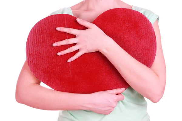 Female holding big red heart isolated on white — Stock Photo, Image