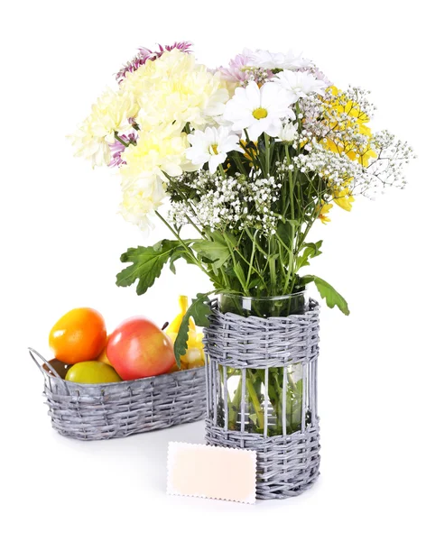 Beautiful chrysanthemum flowers in vase isolated on white — Stock Photo, Image