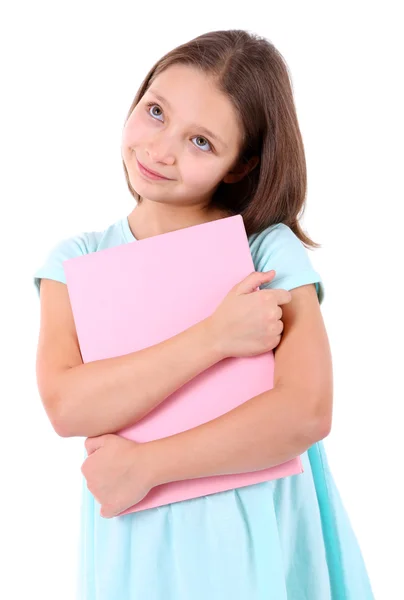 Hermosa niña con libro, aislada en blanco — Foto de Stock