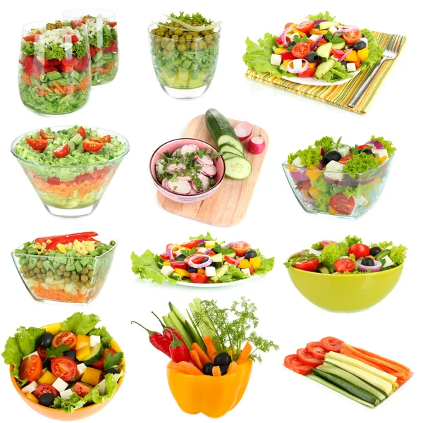 Collage van verschillende Salades geïsoleerd op wit — Stockfoto