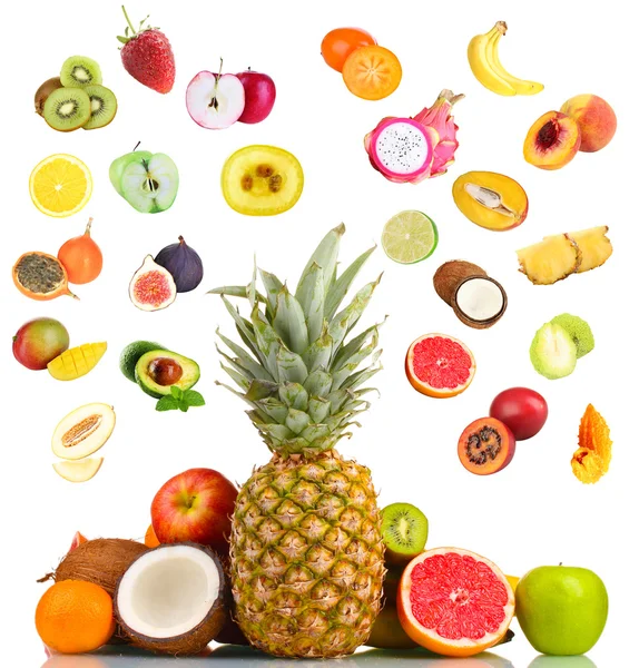 Collage van vers fruit geïsoleerd op wit — Stockfoto