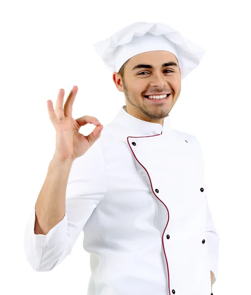 Професійний шеф-кухар в білій формі і капелюсі, ізольований на білому — стокове фото
