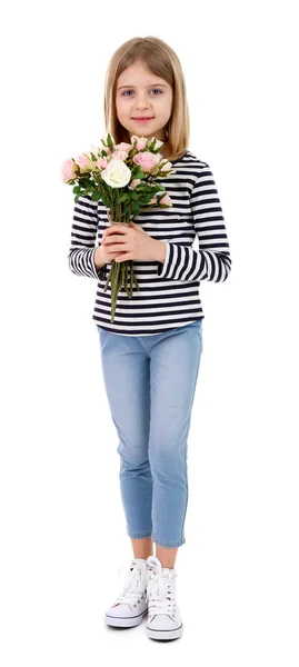 Beautiful little girl holding bouquet isolated on white — Stock Photo, Image