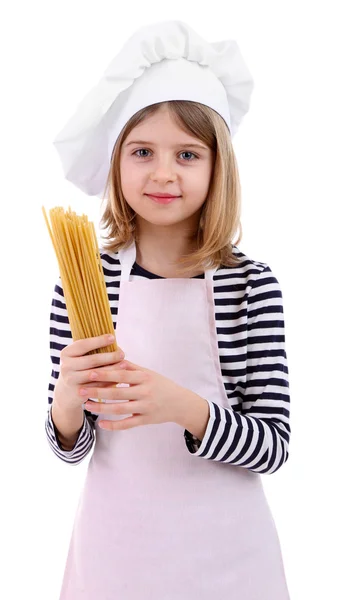 Beautiful little girl holding spaghetti isolated on white — Stock Photo, Image