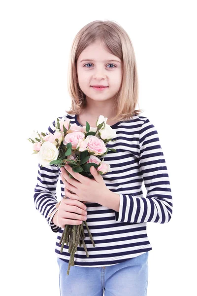 Güzel küçük bir kız üzerinde beyaz izole buket holding — Stok fotoğraf