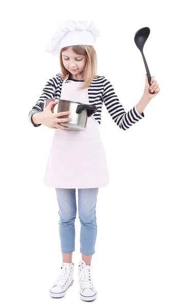 Mooi meisje holding keuken lepel en pan geïsoleerd op wit — Stockfoto