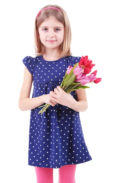 Beautiful little girl holding bouquet isolated on white — Stock Photo, Image