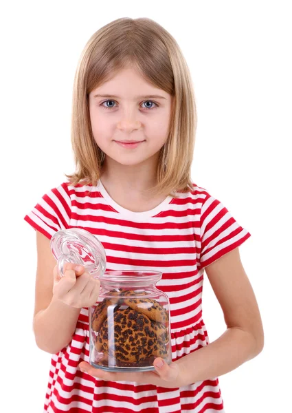 Beautiful little girl holding jar of cookies isolated on white — Stock Photo, Image