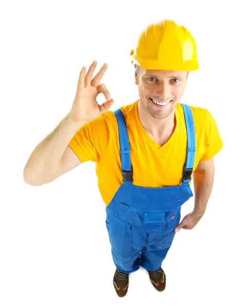 Retrato de joven constructor aislado en blanco — Foto de Stock