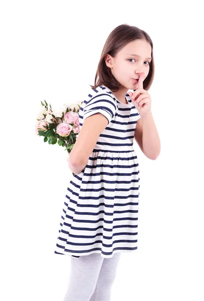 Beautiful little girl with flowers in her hand, isolated on white — Stock Photo, Image