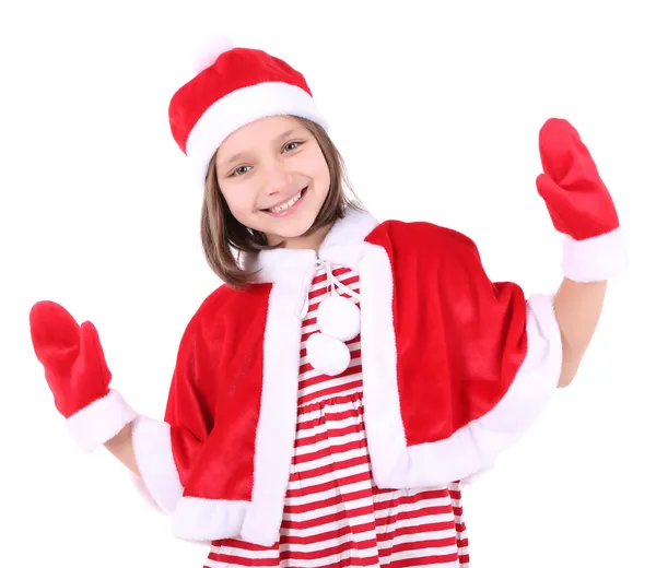 Mooi meisje in Kerstmis kostuum, geïsoleerd op wit — Stockfoto