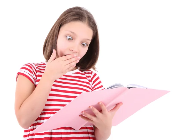 Bella bambina con libro, isolata su bianco — Foto Stock