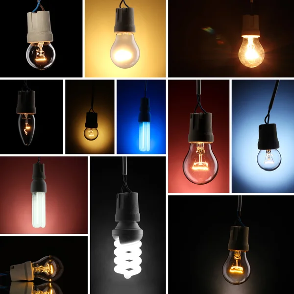 Collage of light bulbs on dark background — Stock Photo, Image