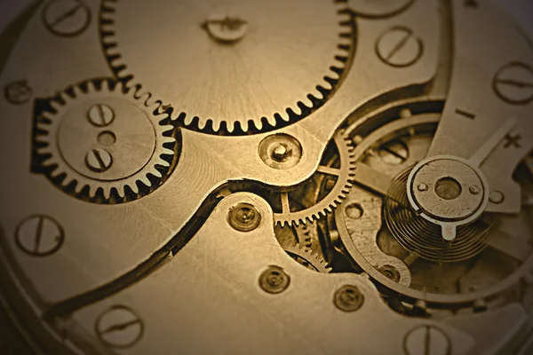 Clockwork detaljer, Motordrev och hjul närbild — Stockfoto