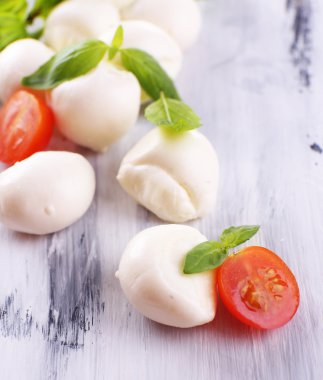 ahşap masa üstünde domates ve fesleğen ile lezzetli mozzarella peyniri