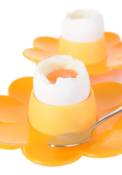 煮熟的鸡蛋中孤立的白色衬底上的蛋杯 — 图库照片
