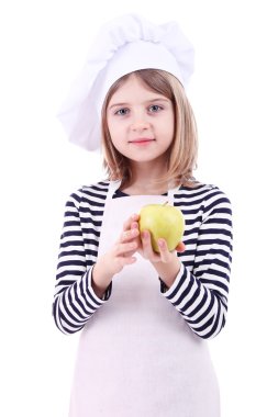güzel küçük bir kız üzerinde beyaz izole apple holding