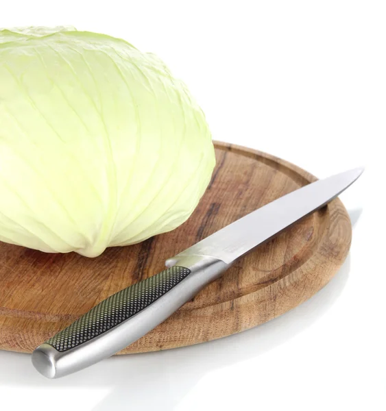 Whole green cabbage on cutting board with knife isolated on white — Stock Photo, Image