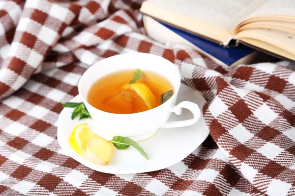 Tazza di tè con zenzero sul plaid con un libro — Foto Stock