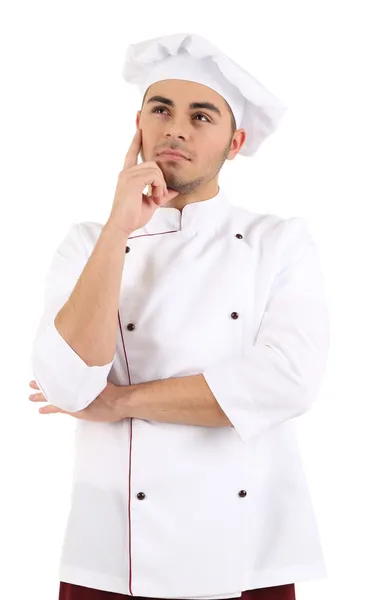 Professionele chef-kok in het witte uniform en hoed, geïsoleerd op wit — Stockfoto