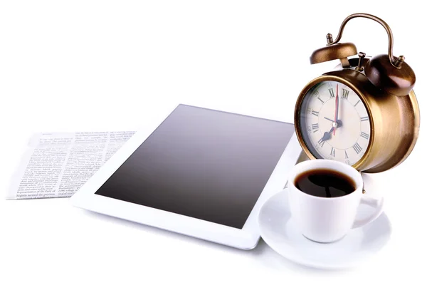 Tablet, newspaper, cup of coffee and alarm clock, isolated on white — Stock Photo, Image