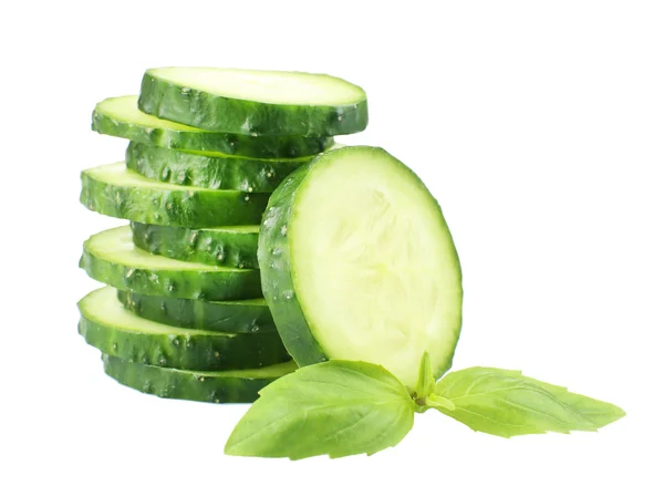 Sliced fresh cucumber with basil, isolated on white — Stock Photo, Image