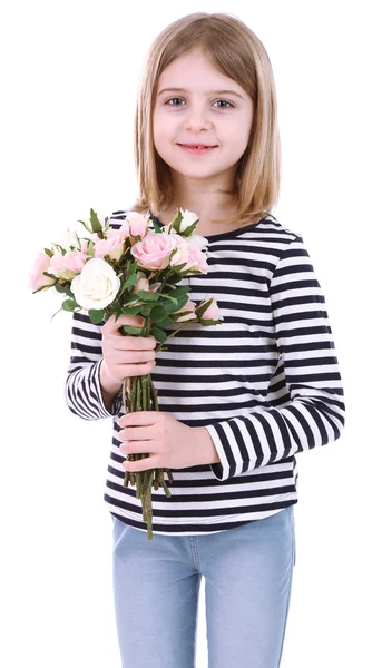 Beautiful little girl holding bouquet isolated on white — Stock Photo, Image