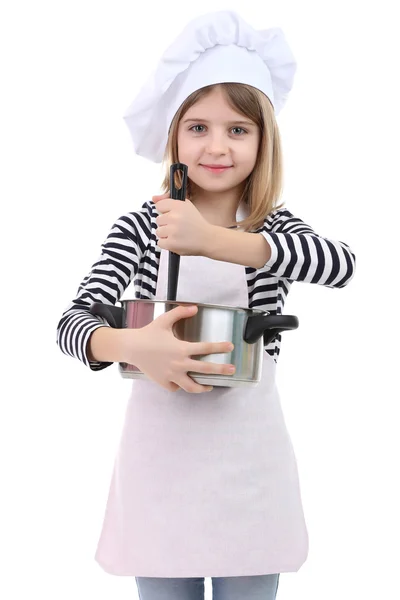 Menina bonita segurando colher de cozinha e panela isolada no branco — Fotografia de Stock