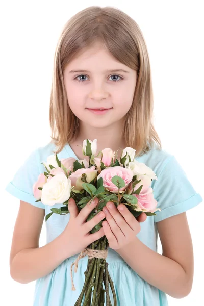 Schöne kleine Mädchen mit Blumenstrauß isoliert auf weiß — Stockfoto