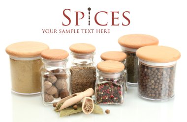 Kavanozlar ve tahta kaşıklar üzerinde beyaz izole baharatlar ile